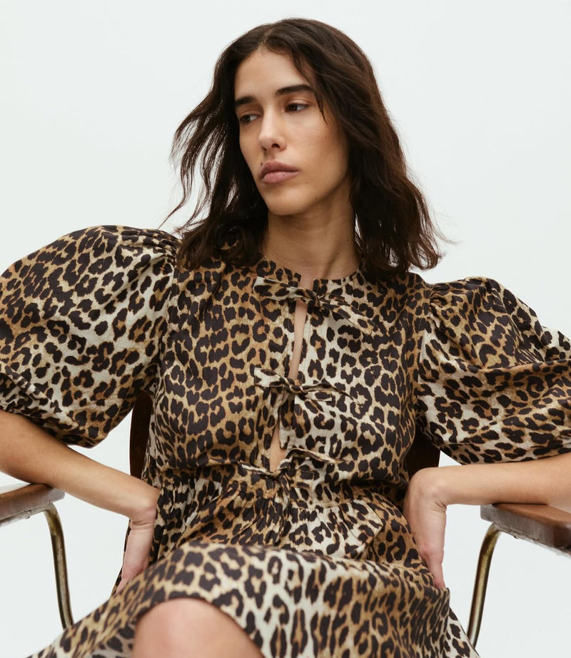 Ganni - Kjole - Leopard - Poplin tie string mini dress