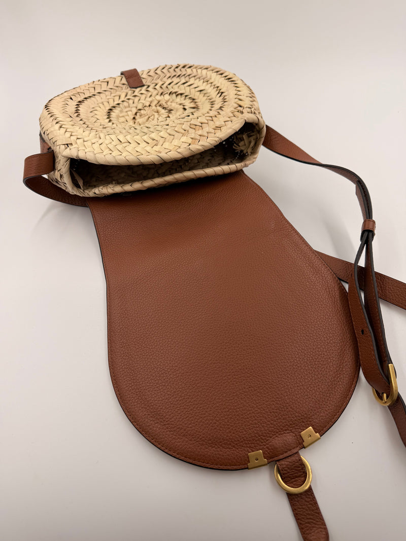 Chloé Marcie Round Crossbody – Raffia med cognac farvet læder – secondhand