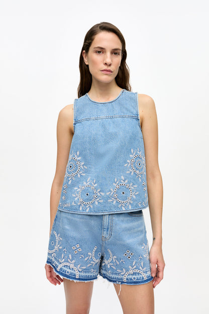 Ganni - Top - Light Blue denim - Broderie anglaise