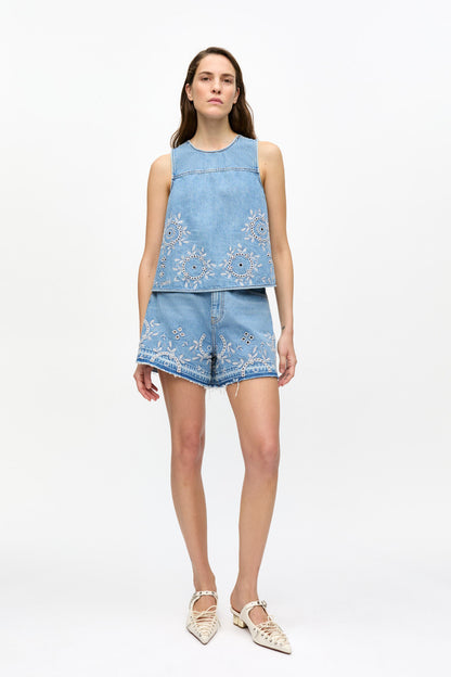 Ganni - Top - Light Blue denim - Broderie anglaise