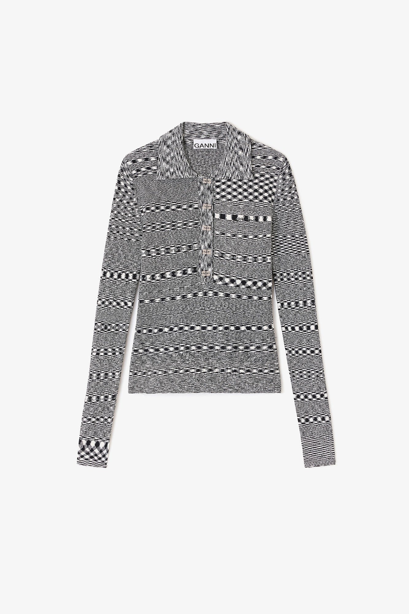 Ganni - Polo bluse - Black/Grey - Spacedyed - K2606