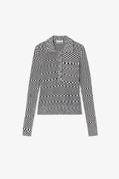 Ganni - Polo bluse - Black/Grey - Spacedyed - K2606