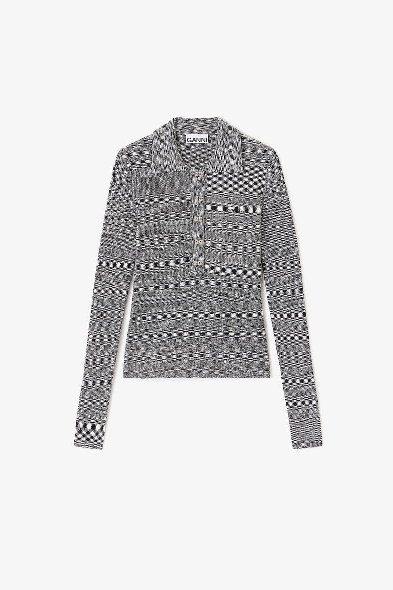 Ganni - Polo bluse - Black/Grey - Spacedyed - K2606