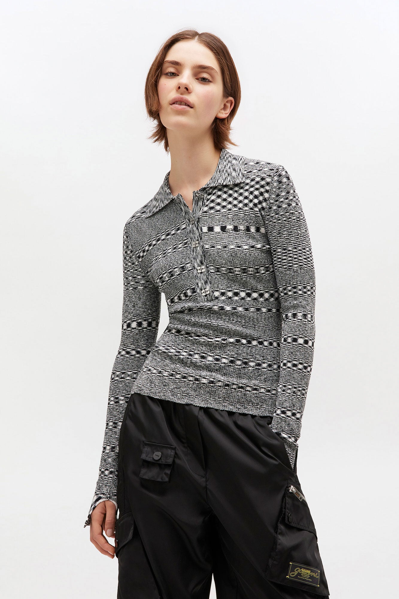 Ganni - Polo bluse - Black/Grey - Spacedyed - K2606