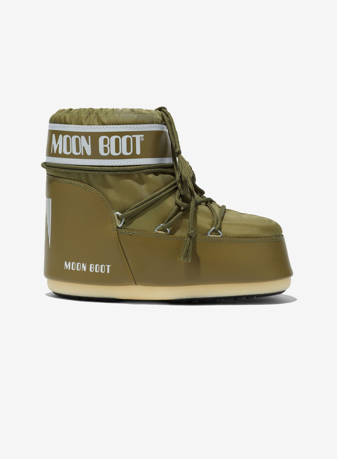 Khaki Moon Boot med logo på øverste bånd, kryds-snøring og slip-on design.