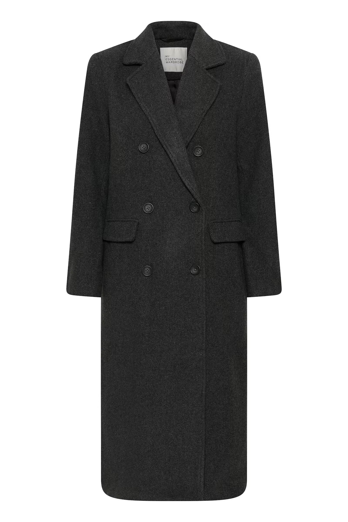 Frannie-frakken fra My Essential Wardrobe er en klassisk, lang frakke i den elegante farve Dark Grey Melange packshot