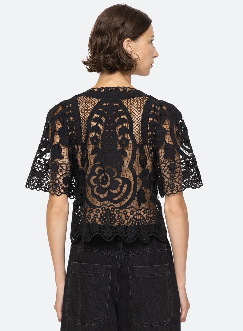 Sea New York Gianna Lace Tie Front Top Black