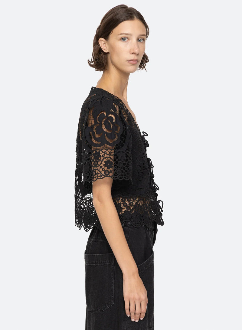 Sea New York Gianna Lace Tie Front Top Black