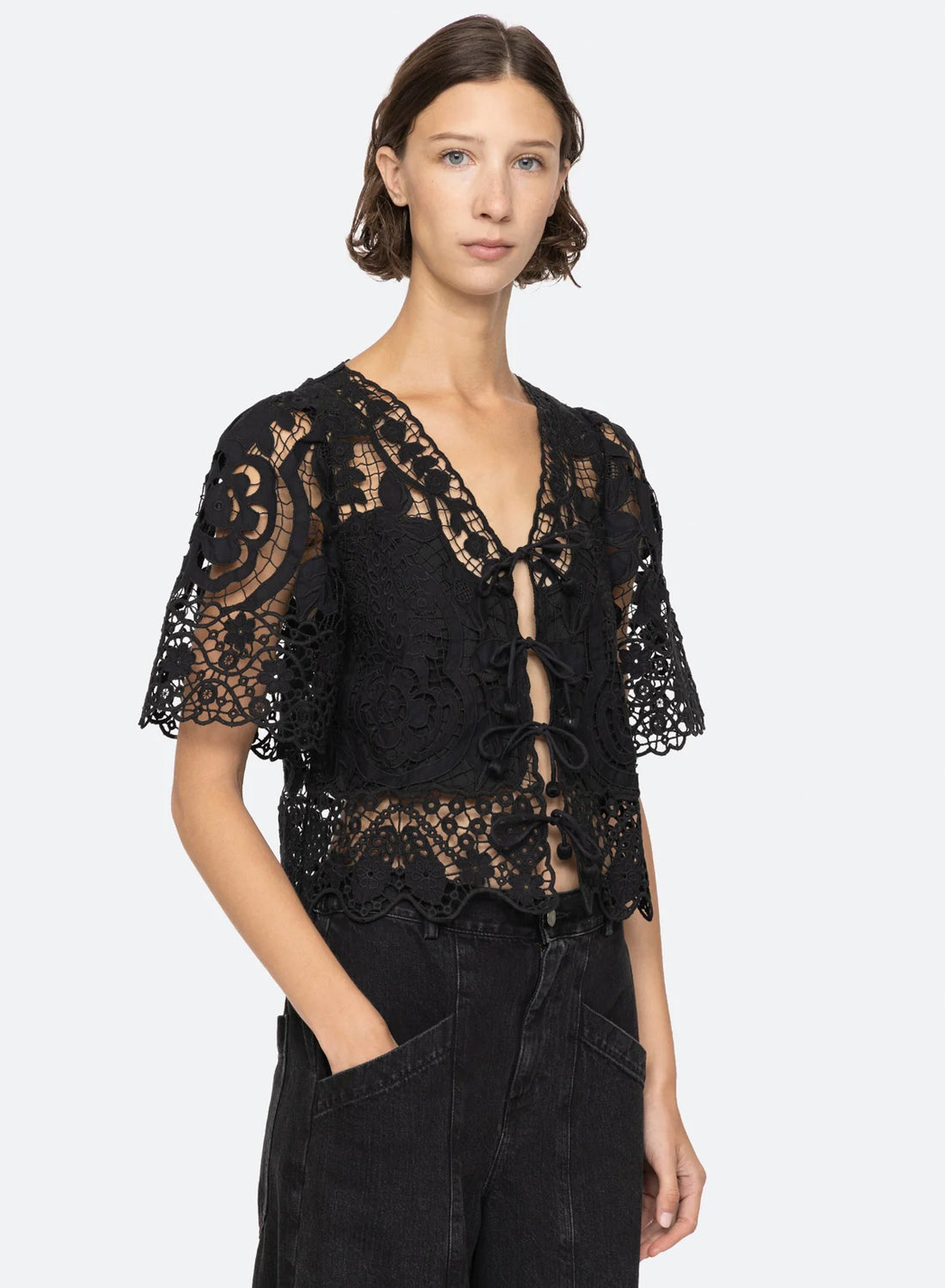 Sea New York Gianna Lace Tie Front Top Black