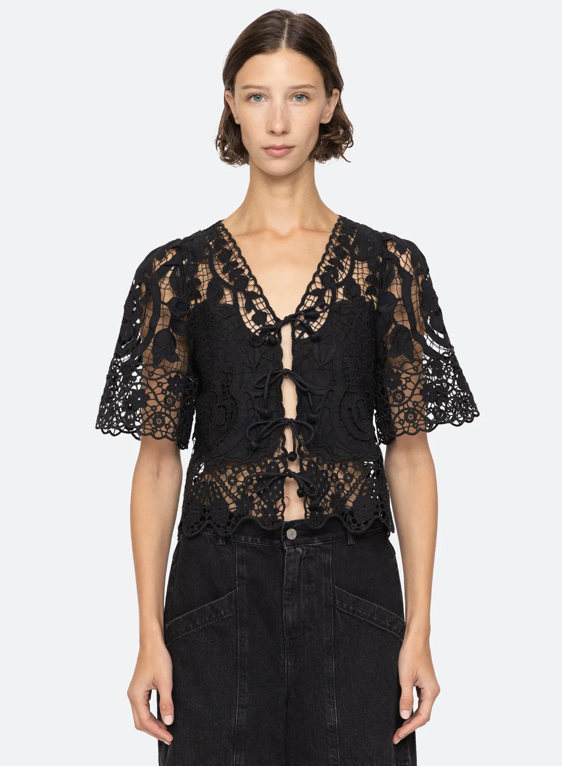 Sea New York Gianna Lace Tie Front Top Black