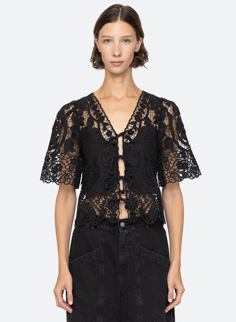 Sea New York Gianna Lace Tie Front Top Black