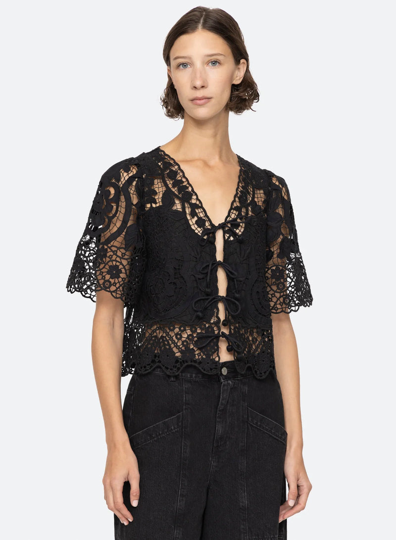 Sea New York Gianna Lace Tie Front Top Black