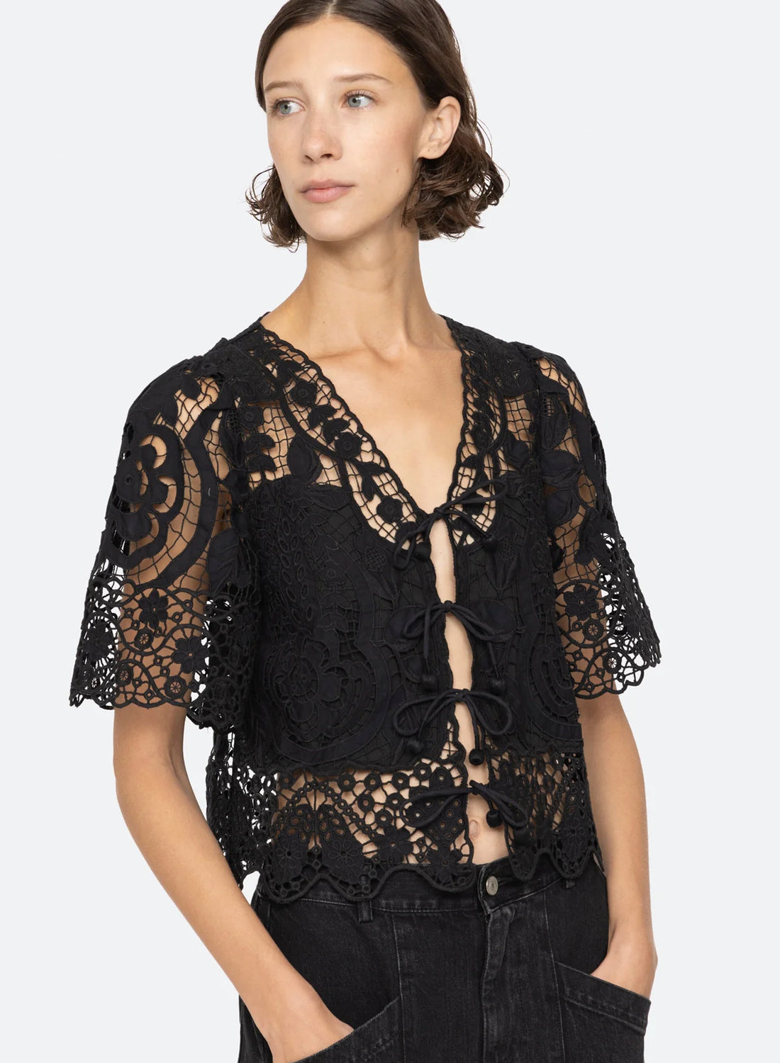 Sea New York Gianna Lace Tie Front Top Black