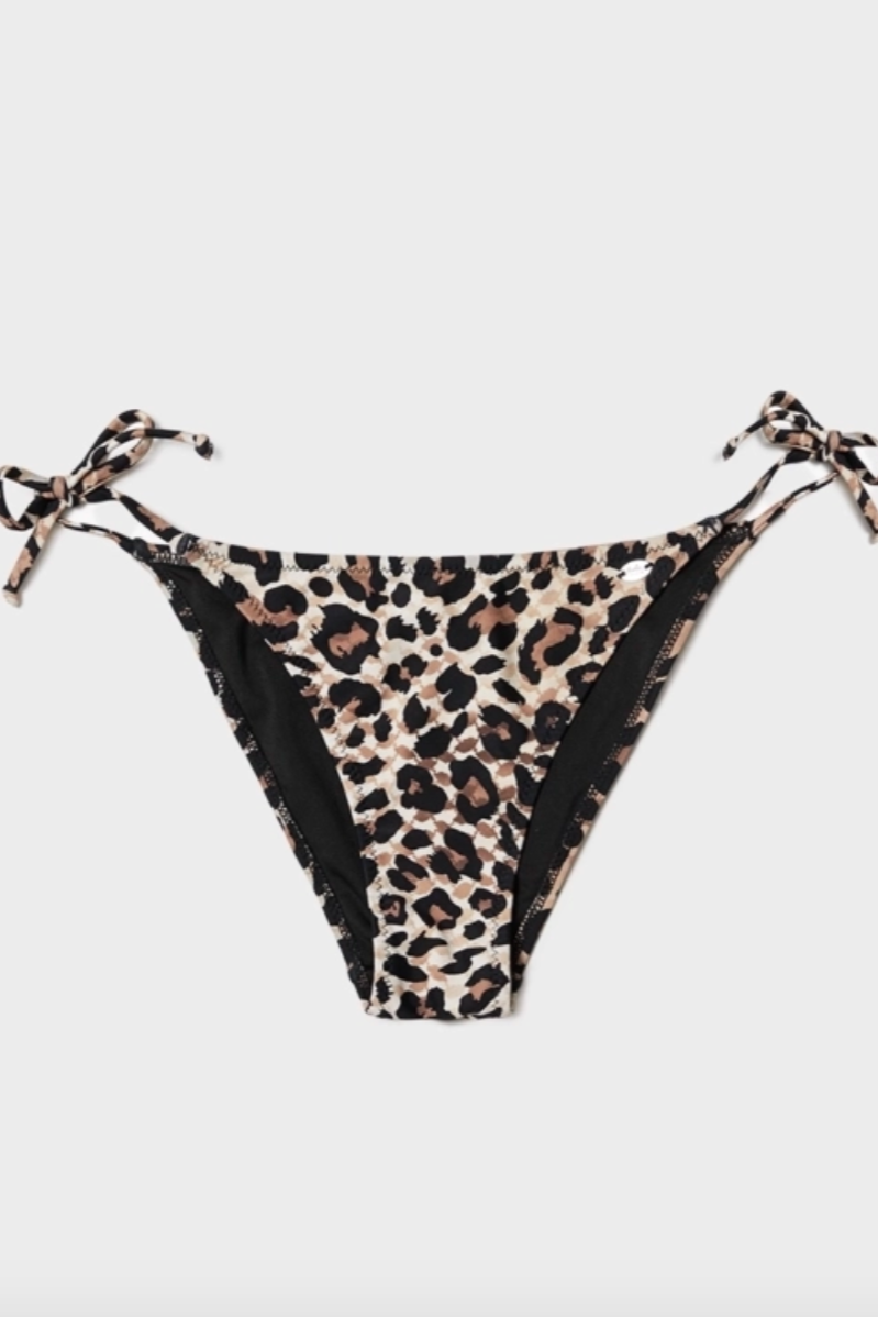 Leopardmønstret bikiniunderdel med justerbare bindebånd på siderne og ensartet design foran og bagpå.