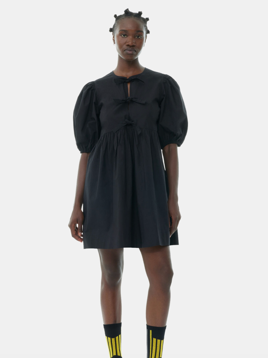 Ganni - Kjole - Black - Poplin tie string mini dress