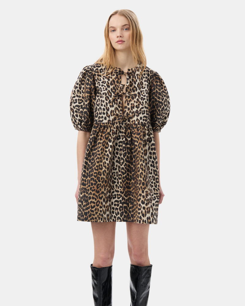 Ganni - Kjole - Leopard - Poplin tie string mini dress