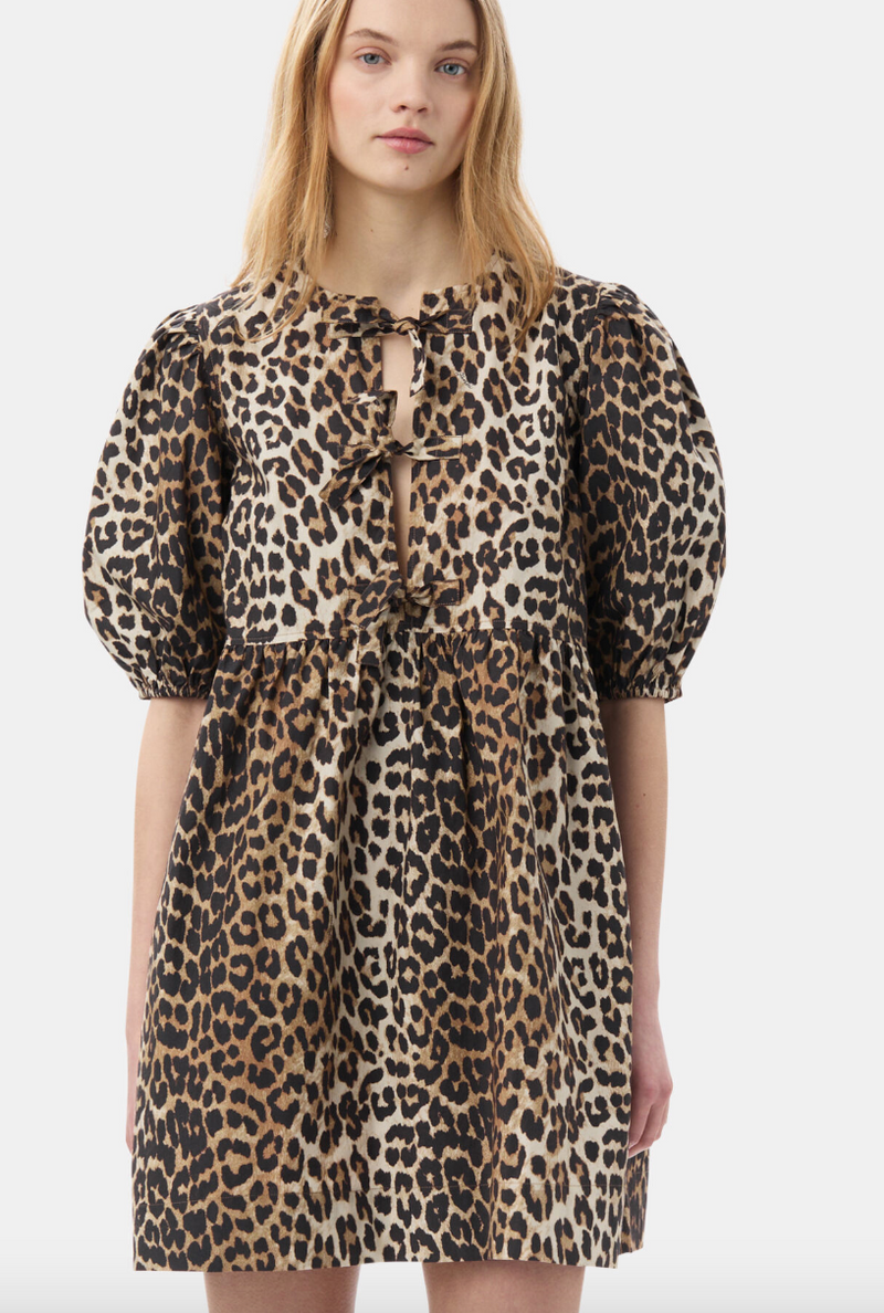 Ganni - Kjole - Leopard - Poplin tie string mini dress