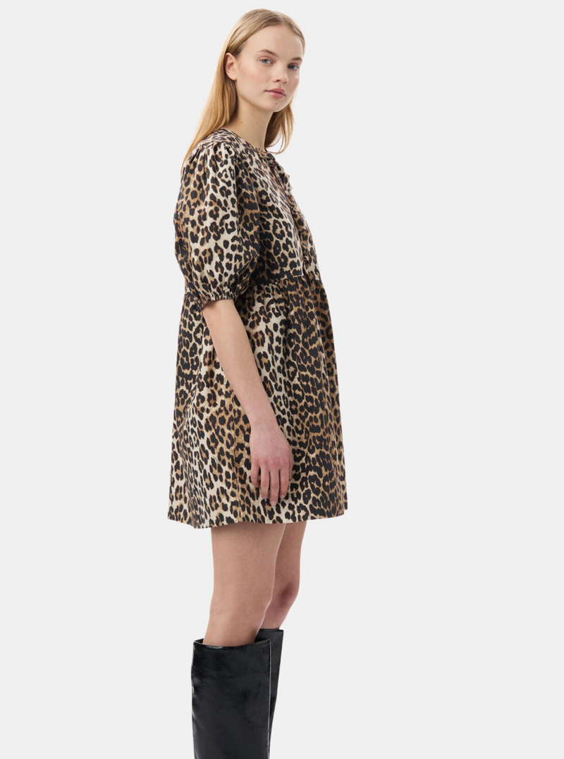 Ganni - Kjole - Leopard - Poplin tie string mini dress