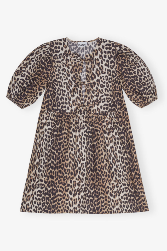 Ganni - Kjole - Leopard - Poplin tie string mini dress