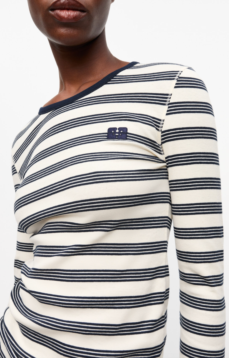 GANNI - Bluse - Striped soft cotton rib - Sky Captain