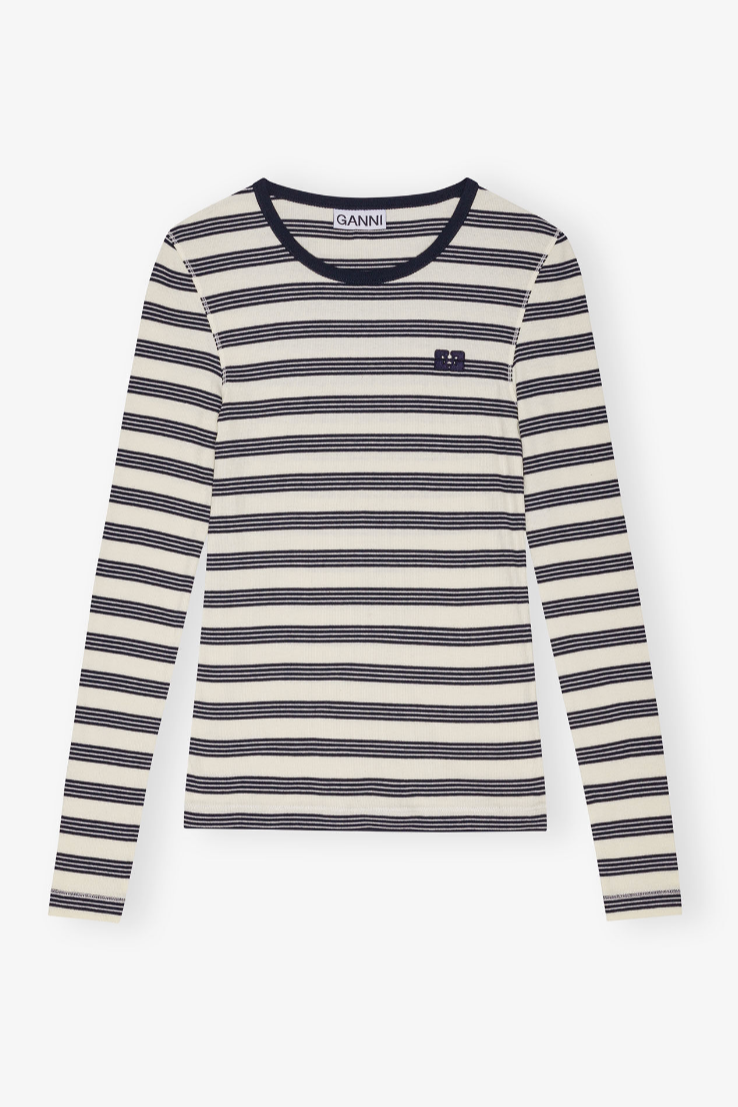 GANNI - Bluse - Striped soft cotton rib - Sky Captain