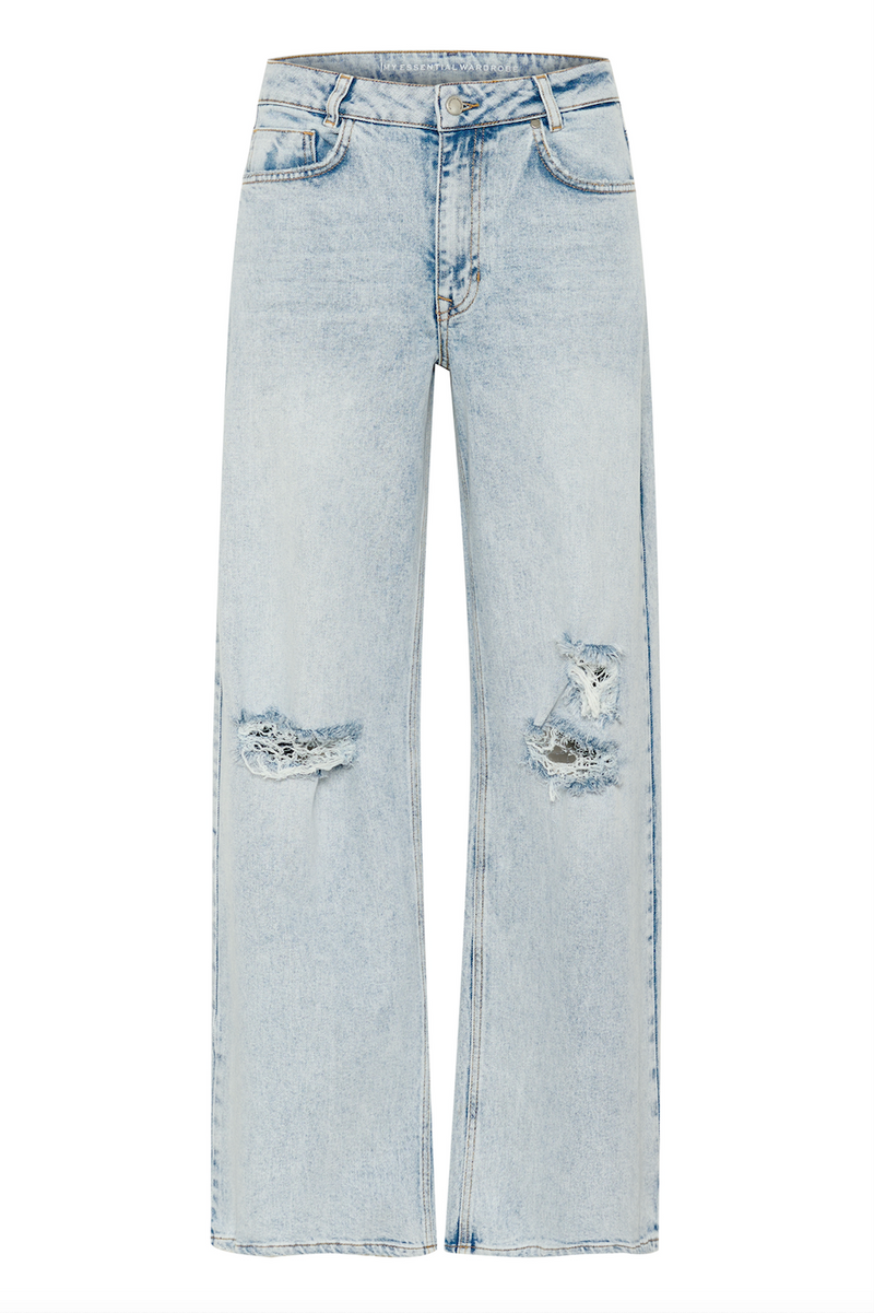 Lyseblå retro jeans med brede ben og slidte knædetaljer. Klassiske lommer og bæltestropper.