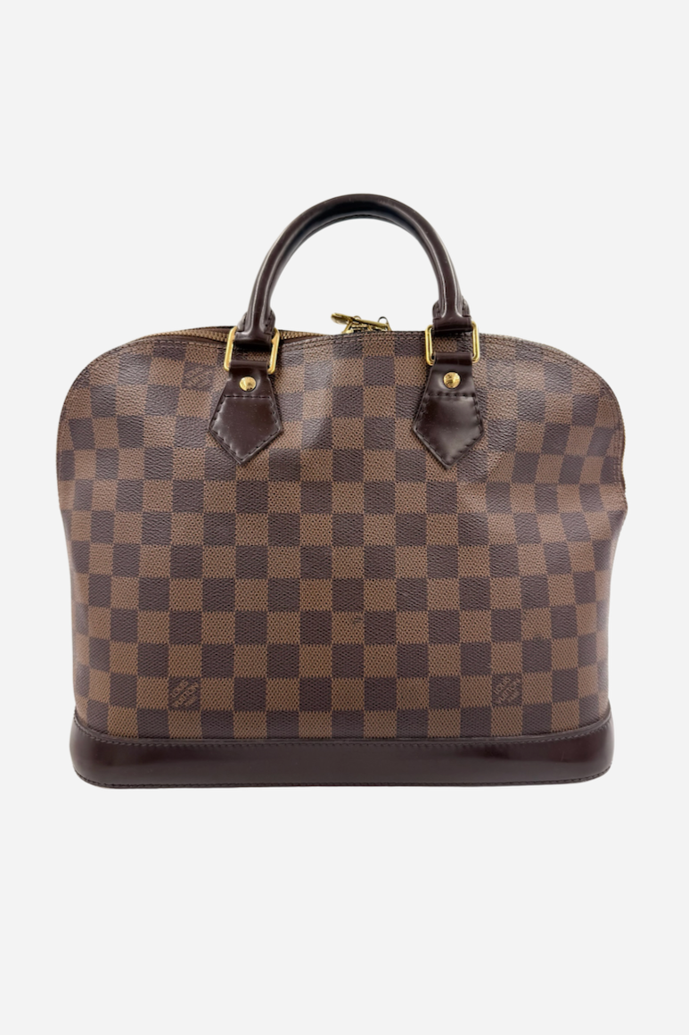 Louis Vuitton Alma taske med ternet mønster, dobbelte håndtag, gyldent hardware og lynlåslukning.