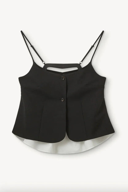 Sort top med justerbare stropper, knapper foran og hvid flydende bund bagpå.