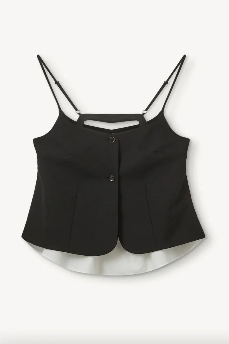 Sort top med justerbare stropper, knapper foran og hvid flydende bund bagpå.
