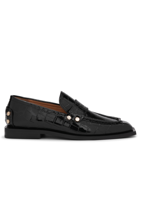 Ganni - Loafer - Shiny croco black - Studs square toe