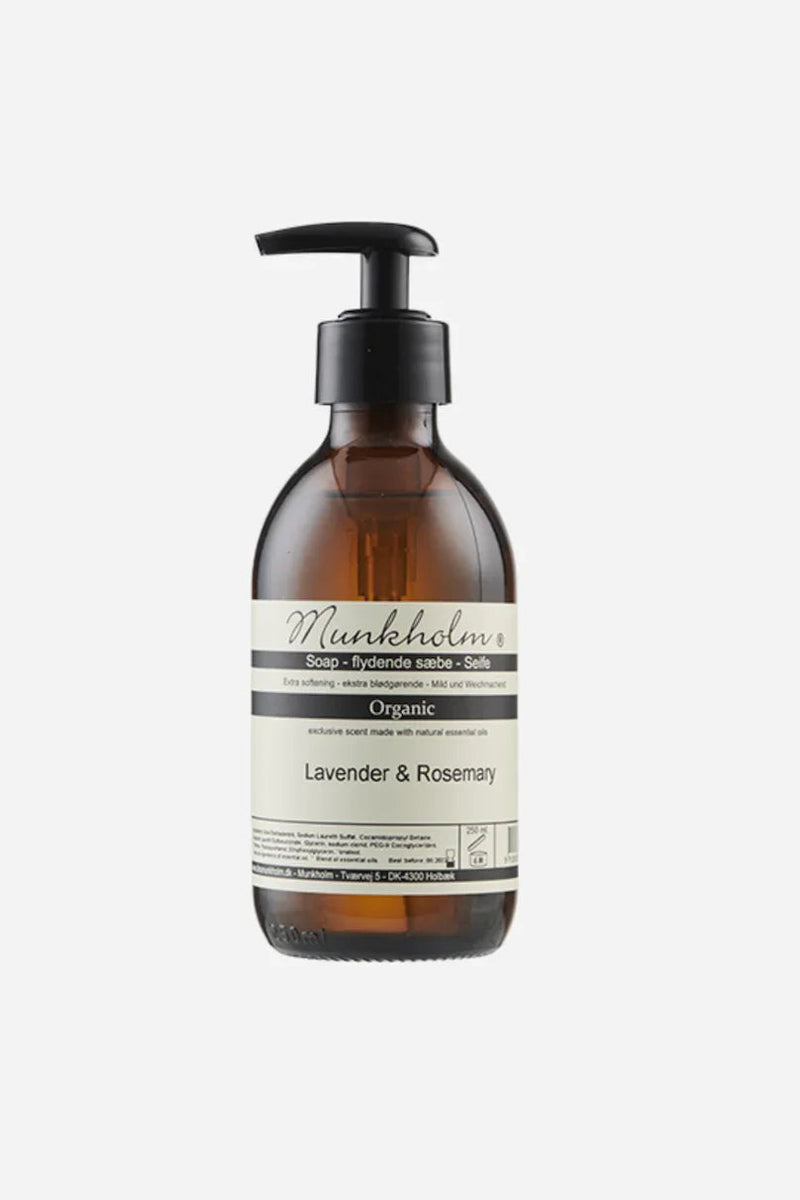 Mørkebrun flaske Munkholm øko håndsæbe, lavendel & rosmarin duft, 250 ml.