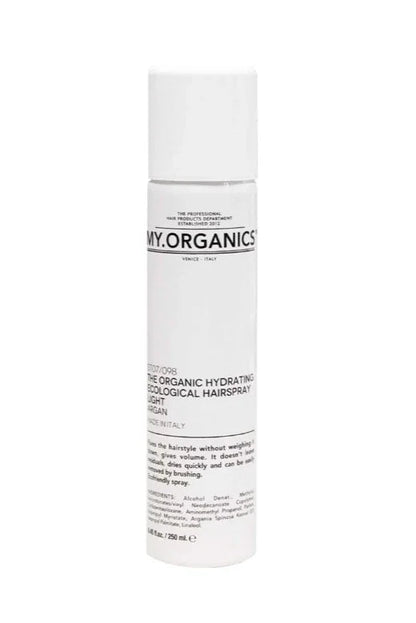 Hvid sprayflaske, sort tekst "MY.ORGANICS", 250 ml, økologisk hårspray, argan, let hold.