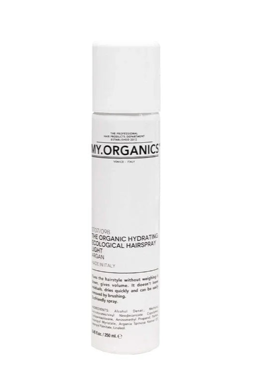 Hvid sprayflaske, sort tekst "MY.ORGANICS", 250 ml, økologisk hårspray, argan, let hold.