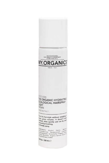 Hvid sprayflaske, sort tekst "MY.ORGANICS", 250 ml, økologisk hårspray, argan, let hold.
