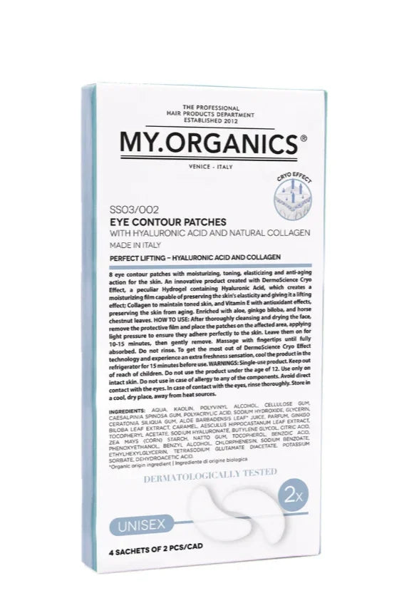 My.Organics Eye Pads med hyaluronsyre, kollagen, Cryo Effect, dermatologisk testet.