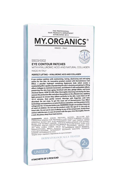 My.Organics Eye Pads med hyaluronsyre, kollagen, Cryo Effect, dermatologisk testet.