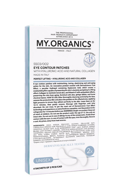 My.Organics Eye Pads med hyaluronsyre, kollagen, Cryo Effect, dermatologisk testet.