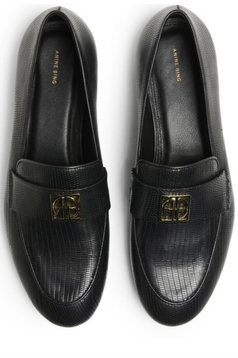 Anine Bing Corrine Loafers Monogram Black Mini Emblossed