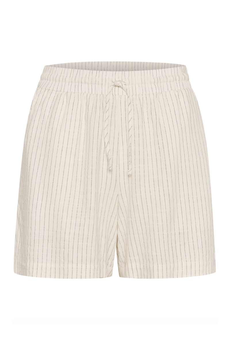 Cremefarvede shorts med mørke striber, elastisk talje og snøre, løs pasform til midt på låret.