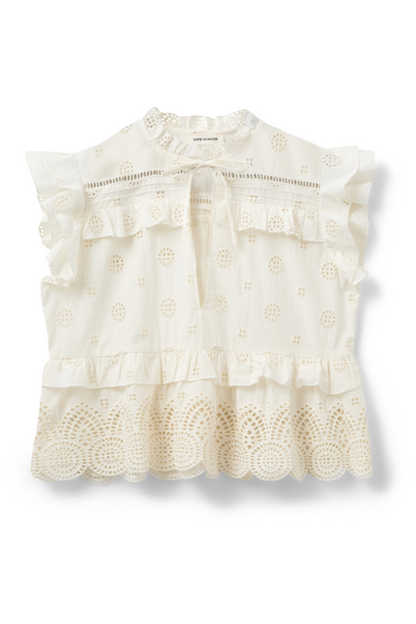 Off-white top med broderi anglaise, løs pasform, binde-sløjfe ved halsen og flæser på ærmerne.
