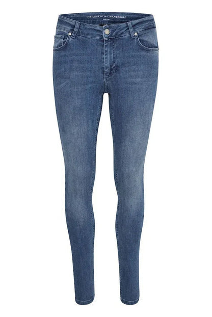 Blå slim fit jeans med vintage vask, knaplukning, for- og baglommer.
