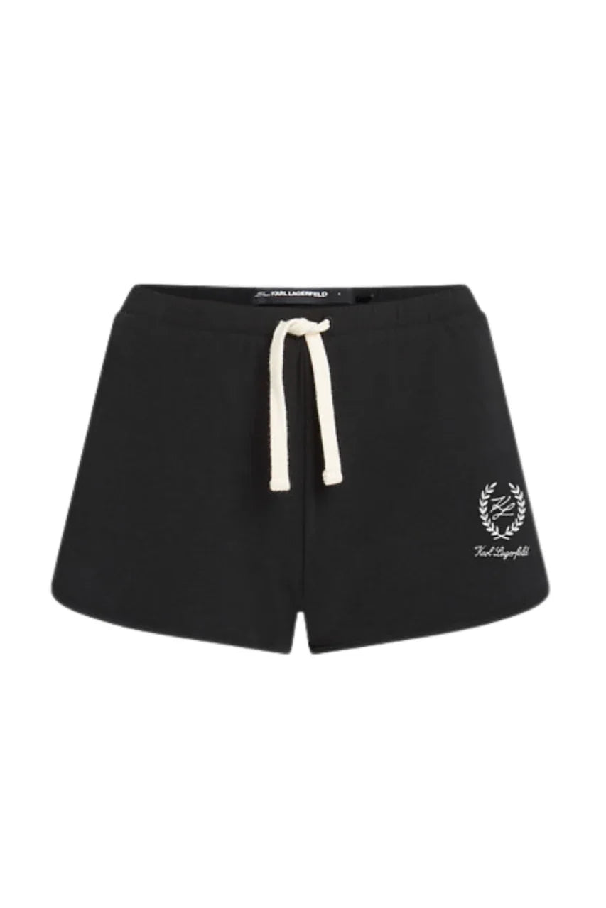 Sorte sweatshorts med hvid snor og logo nederst til højre med teksten "Karl Lagerfeld".