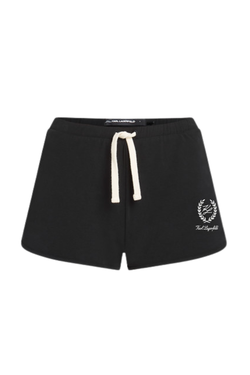 Sorte sweatshorts med hvid snor og logo nederst til højre med teksten "Karl Lagerfeld".