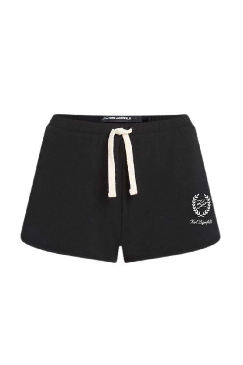 Sorte sweatshorts med hvid snor og logo nederst til højre med teksten "Karl Lagerfeld".