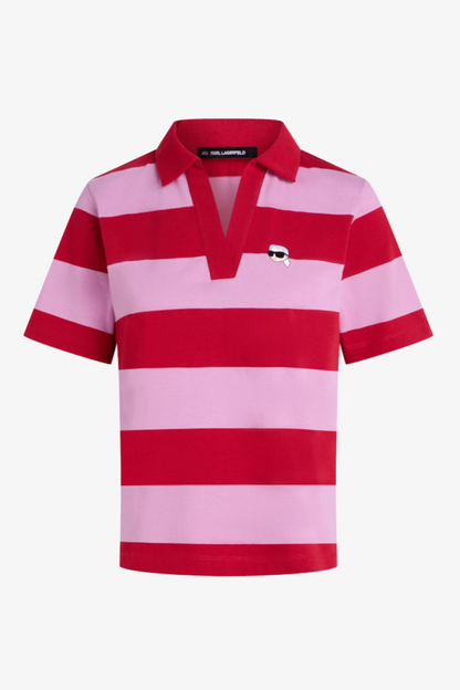 Pink/rød stribet polo med ikonisk patch på brystet og "KARL LAGERFELD" på bagsiden.