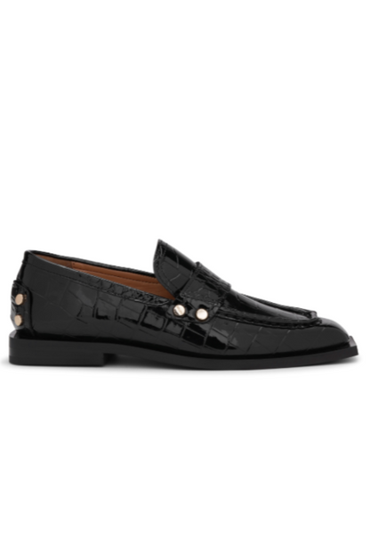 Ganni - Loafer - Shiny croco black - Studs square toe