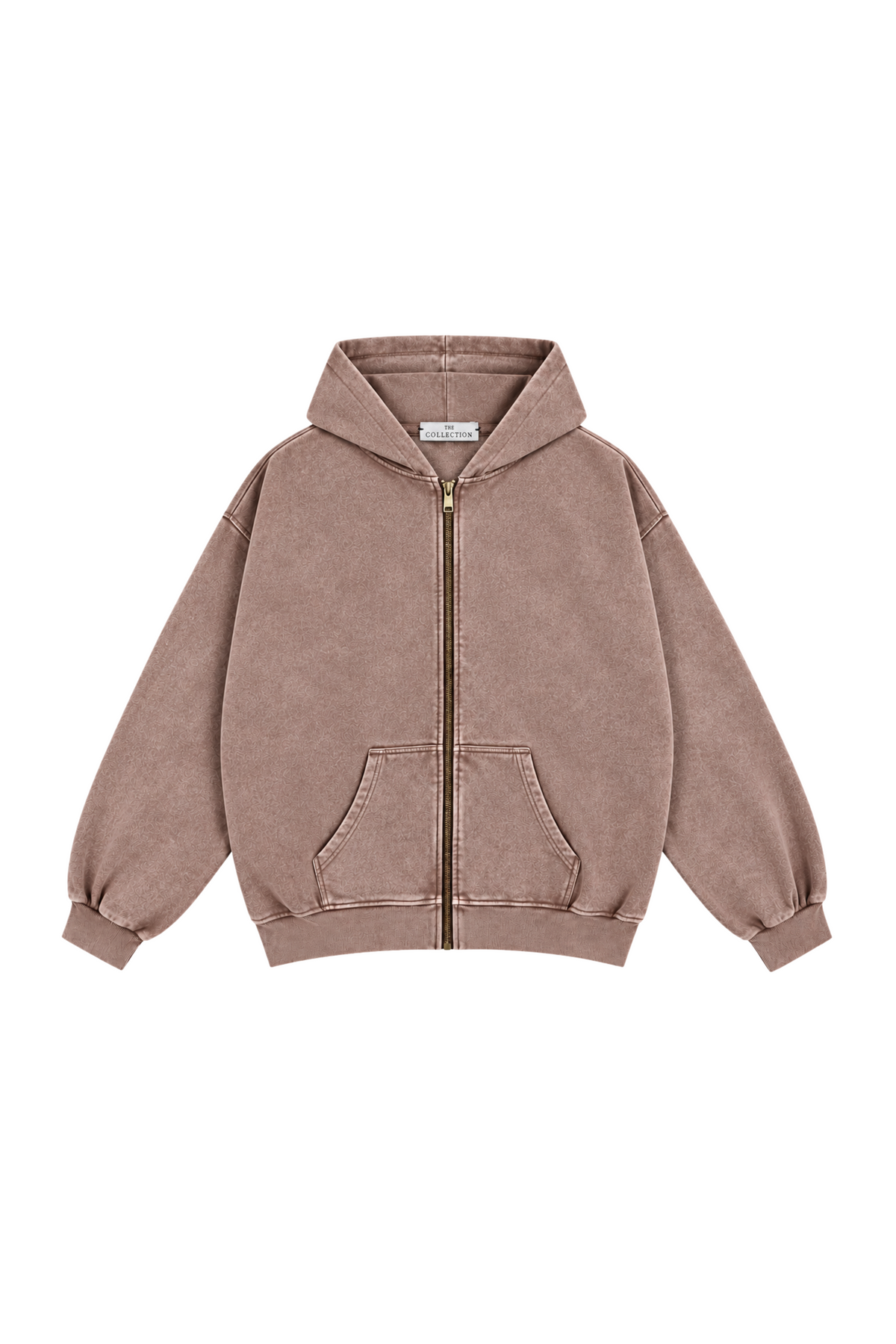 Carola sweatshirt fra The Collection i vasket brun med meleret effekt, oversized pasform, hætte, guldfarvet lynlås og lommer foran.