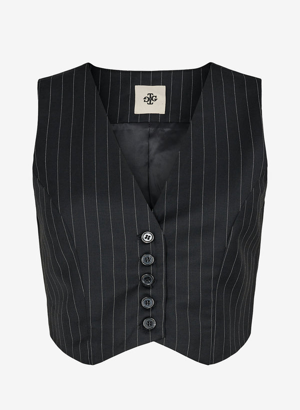 The Garment Marseille Short Vest Black Pinstripe