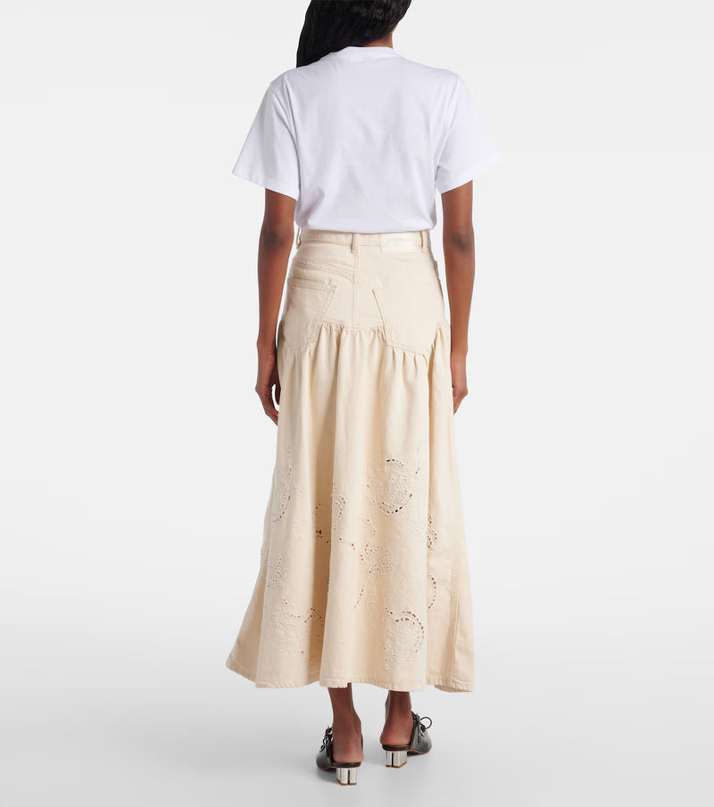 Ganni - Broderie anglaise denim skirt - Lys beige - Broderie