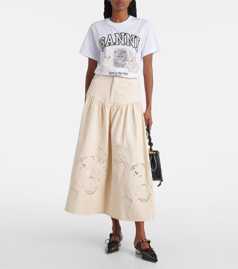 Ganni - Broderie anglaise denim skirt - Lys beige - Broderie